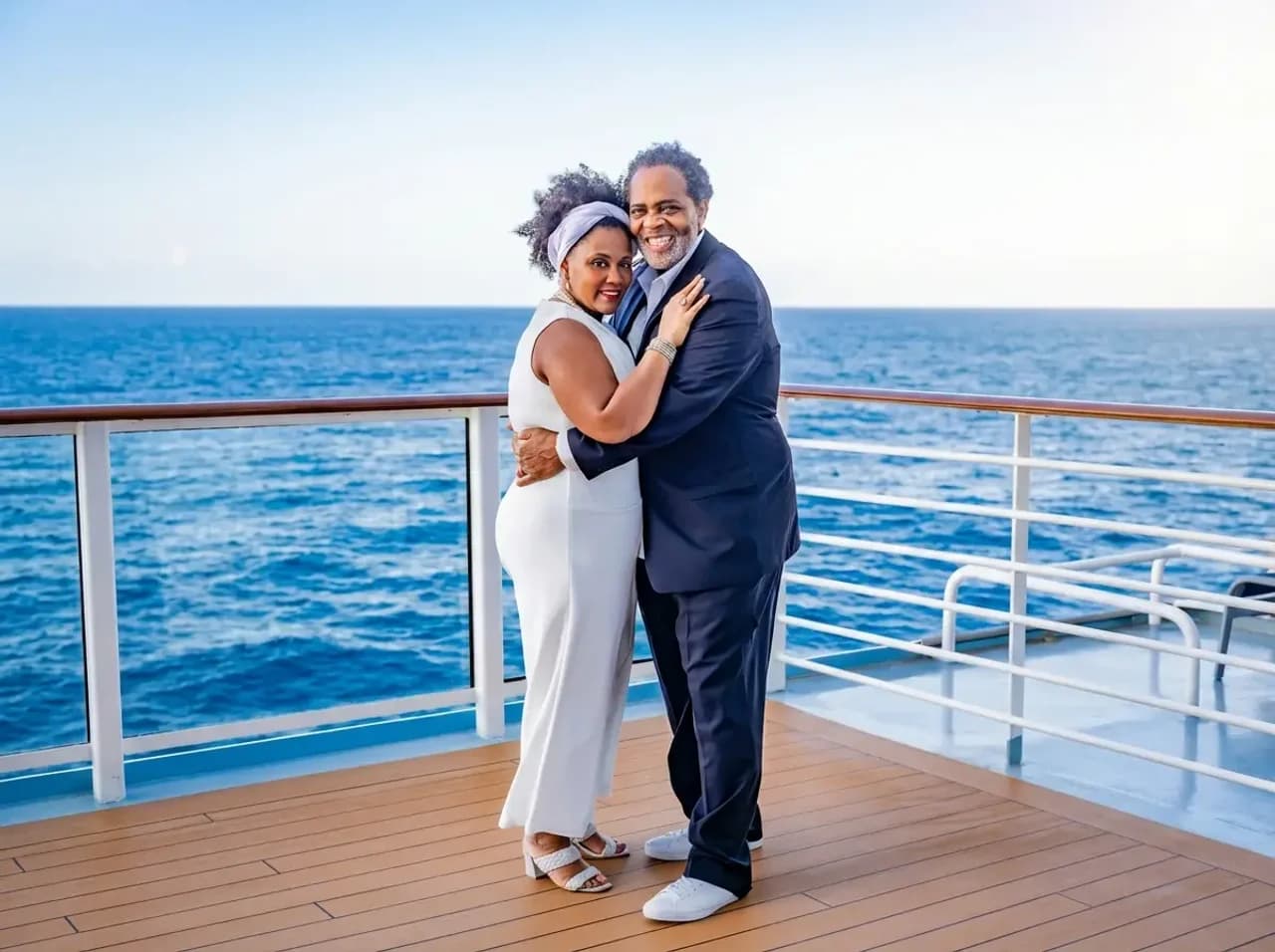 Yolanda and her partner dressed elegantly on the cruise deck at sunset
